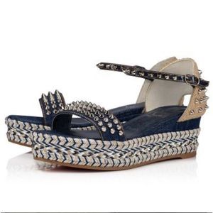 Christian Louboutin Mad Monica Spiked Denim Red Bottom Platform Sandals